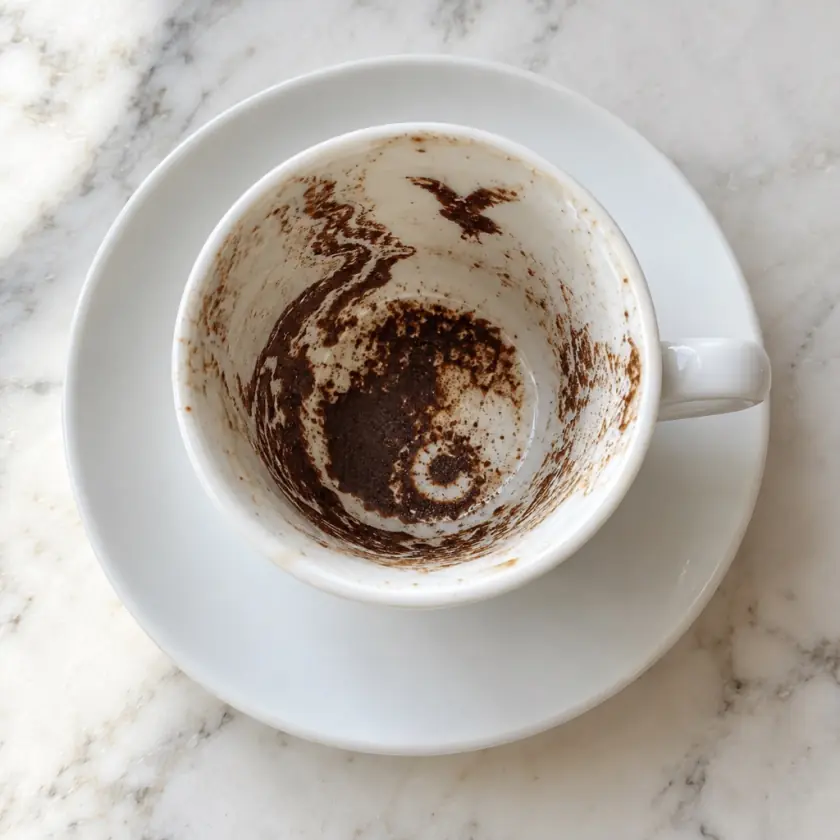 Skycup's sample cup from above: grounds form a bird near the rim, a wave on the upper wall and a spiral lower down